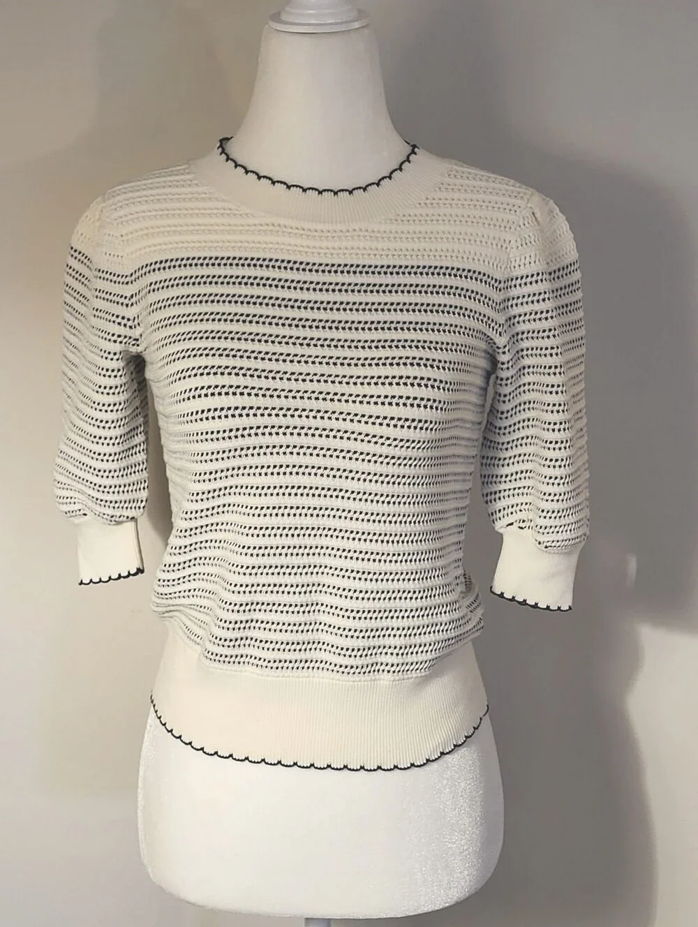 Kate Spade Scallop Edge Striped Puff Sleeve Sweater XS Preppy Black White